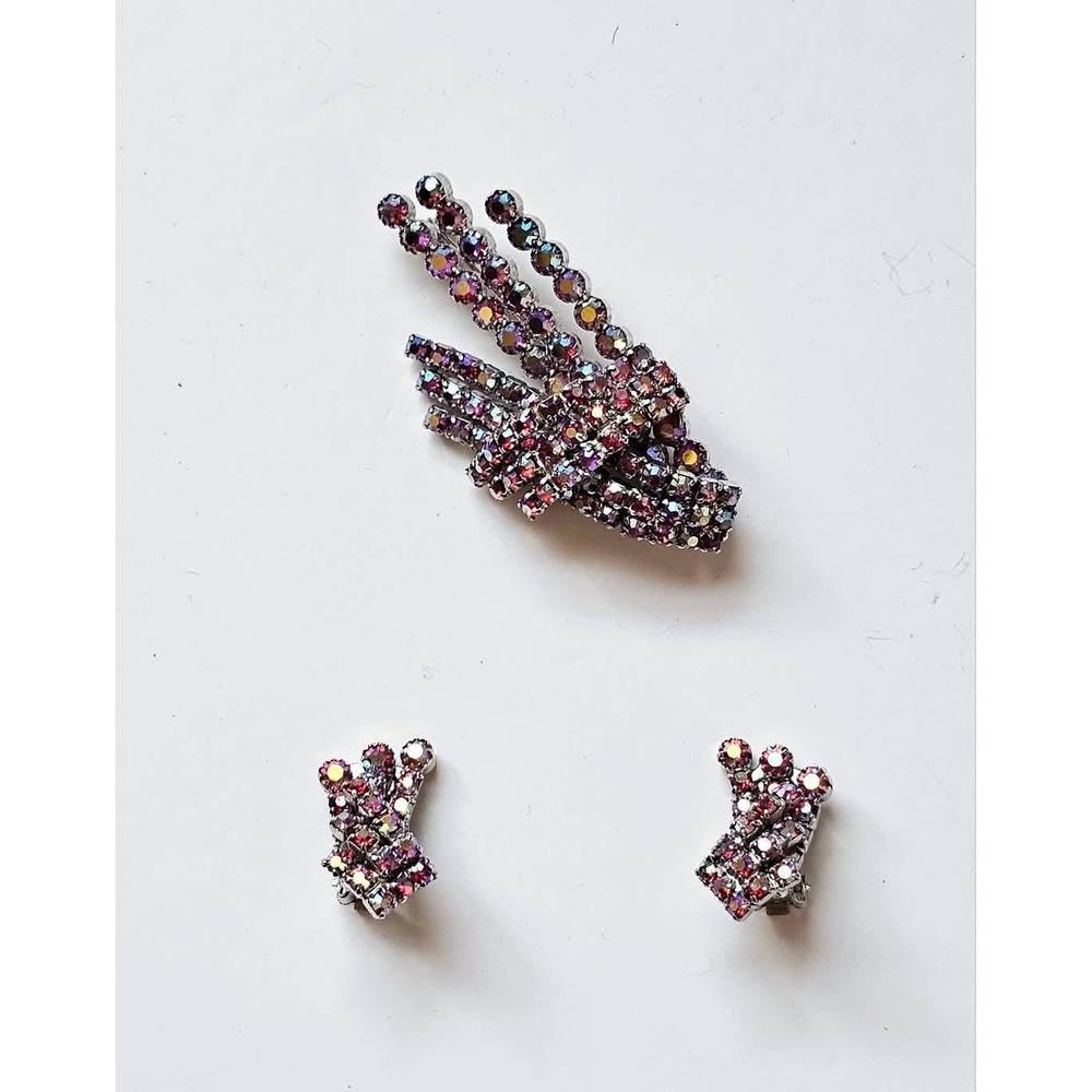 Vintage Pink AB Crystal Brooch and Clip On Earrings by Continental Jewellery